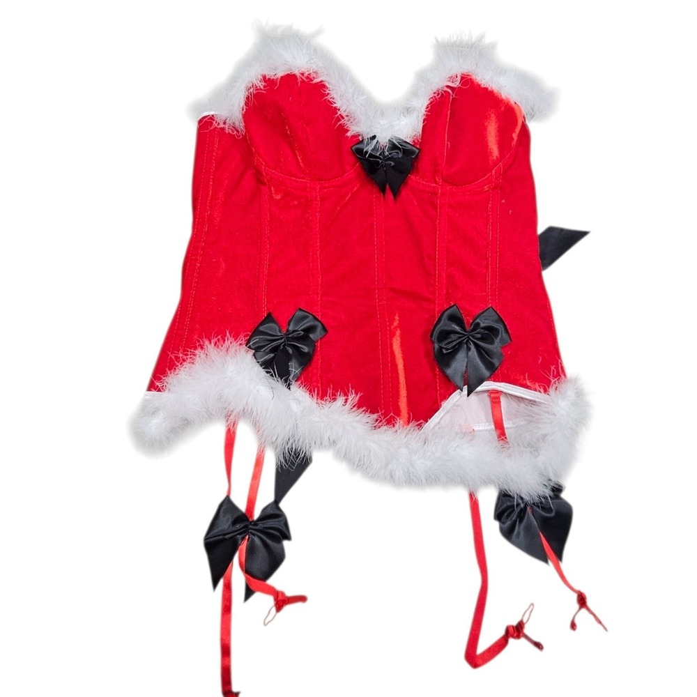 Red Christmas Corset White Fur Black Bows Lingerie Costume Party Santa Baby L‎